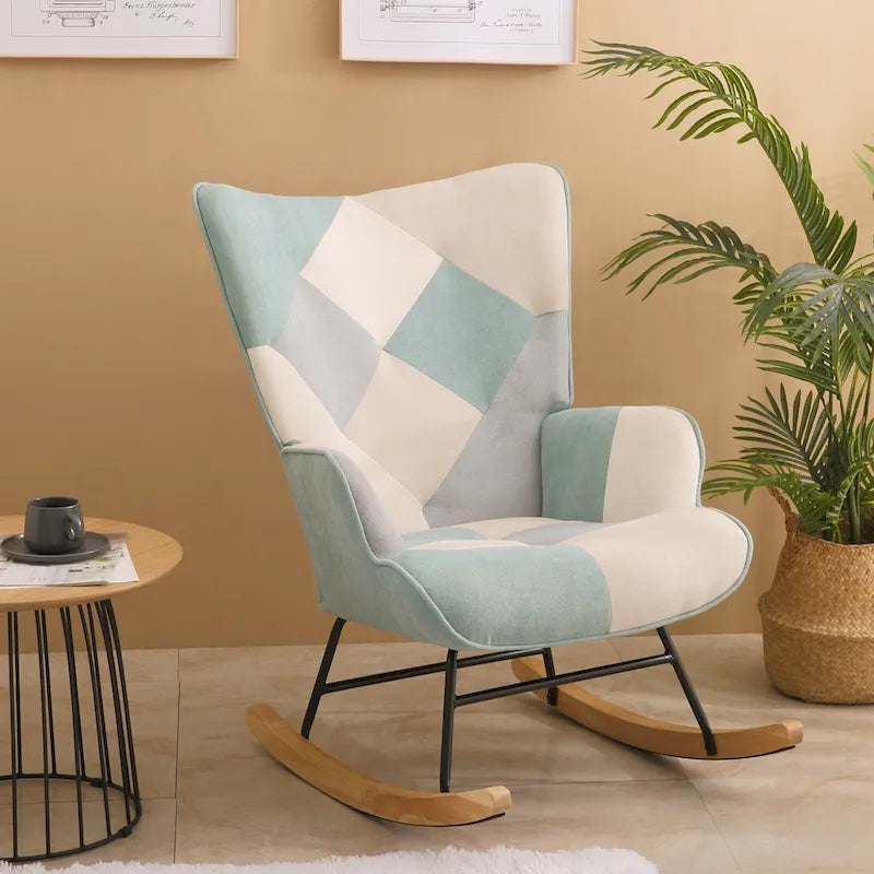 Poltrona a dondolo Mid-Century in tessuto con gambe in legno e lino patchwork
