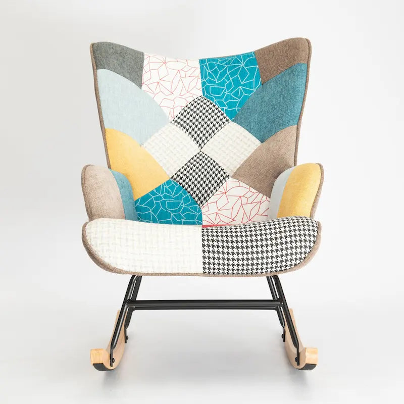 Poltrona a dondolo Mid-Century in tessuto con gambe in legno e lino patchwork