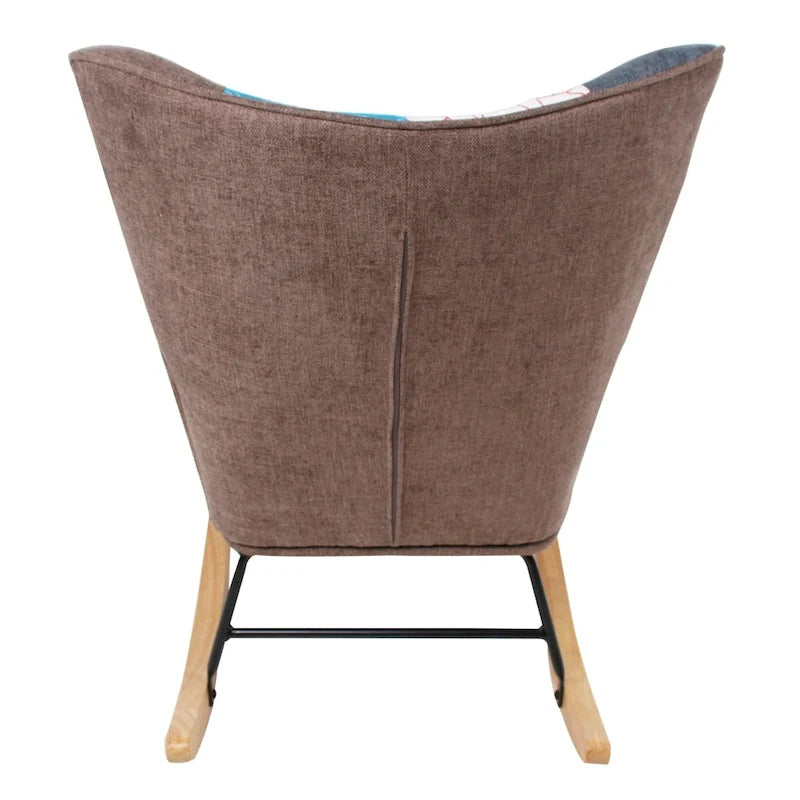 Poltrona a dondolo Mid-Century in tessuto con gambe in legno e lino patchwork