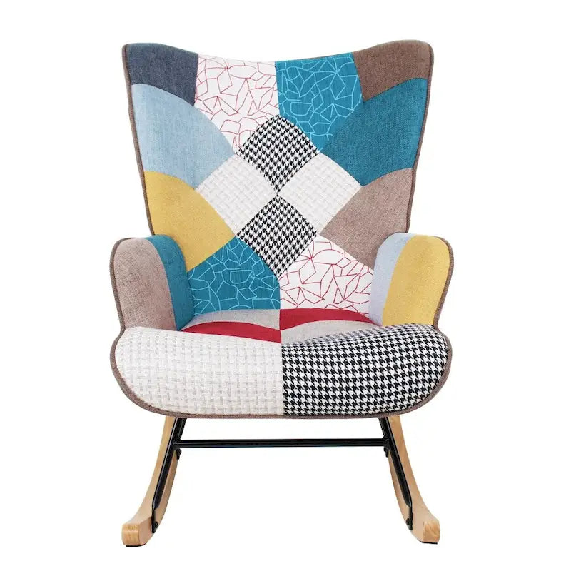 Poltrona a dondolo Mid-Century in tessuto con gambe in legno e lino patchwork