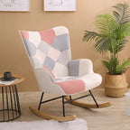 Poltrona a dondolo Mid-Century in tessuto con gambe in legno e lino patchwork