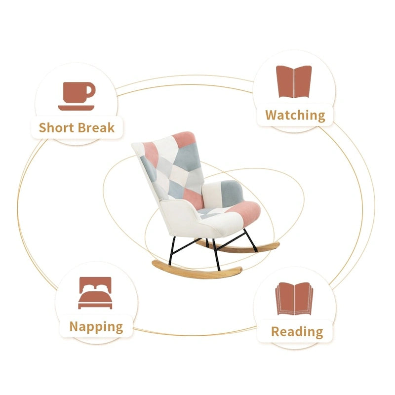 Poltrona a dondolo Mid-Century in tessuto con gambe in legno e lino patchwork
