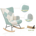 Poltrona a dondolo Mid-Century in tessuto con gambe in legno e lino patchwork