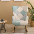 Poltrona a dondolo Mid-Century in tessuto con gambe in legno e lino patchwork