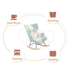 Poltrona a dondolo Mid-Century in tessuto con gambe in legno e lino patchwork