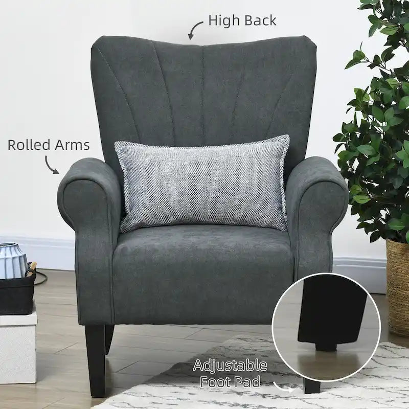 Poltrona Imbottita con Schienale Alto Grigio Scuro, Poltrona Moderna da 80 cm con Gambe in Legno Massello