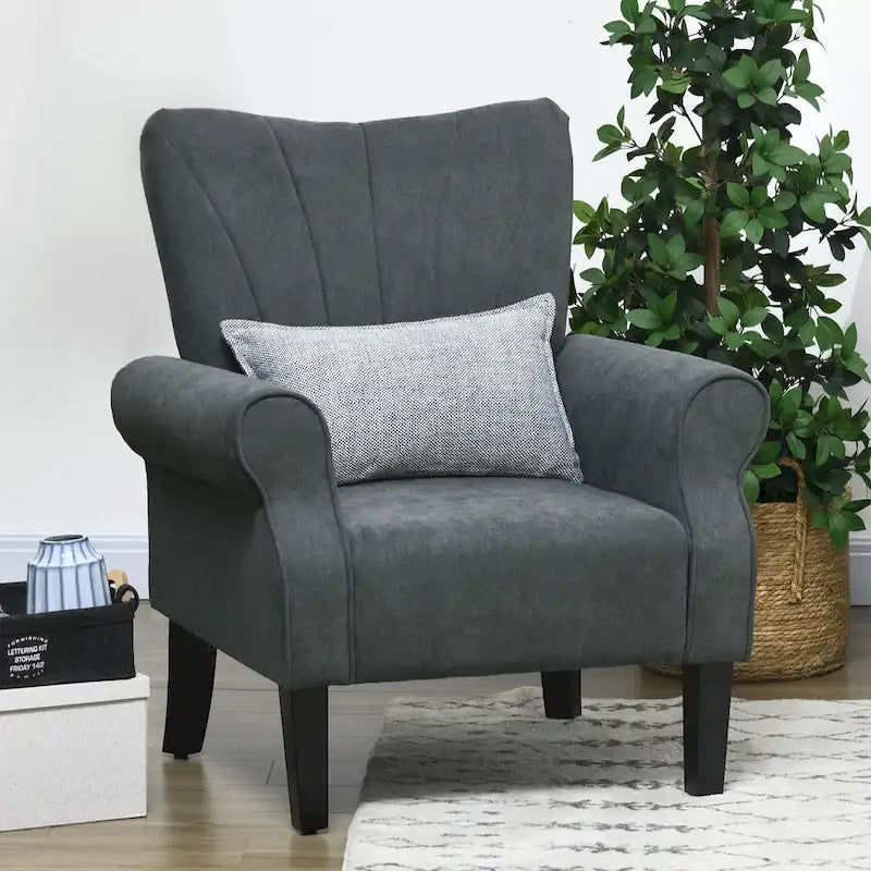 Poltrona Imbottita con Schienale Alto Grigio Scuro, Poltrona Moderna da 80 cm con Gambe in Legno Massello