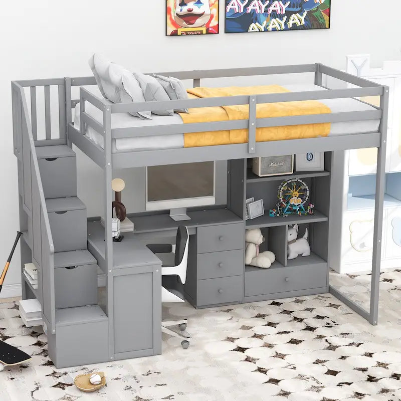 Letto a soppalco singolo con scrivania a L, cassetti, armadietto, scaletta con contenitori