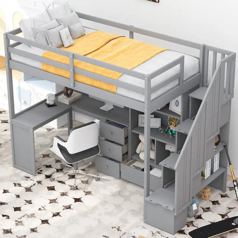 Letto a soppalco singolo con scrivania a L, cassetti, armadietto, scaletta con contenitori