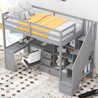 Letto a soppalco singolo con scrivania a L, cassetti, armadietto, scaletta con contenitori