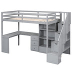 Letto a soppalco singolo con scrivania a L, cassetti, armadietto, scaletta con contenitori