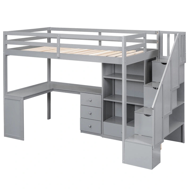 Letto a soppalco singolo con scrivania a L, cassetti, armadietto, scaletta con contenitori