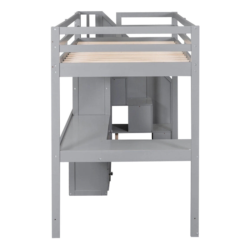 Letto a soppalco singolo con scrivania a L, cassetti, armadietto, scaletta con contenitori