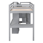 Letto a soppalco singolo con scrivania a L, cassetti, armadietto, scaletta con contenitori