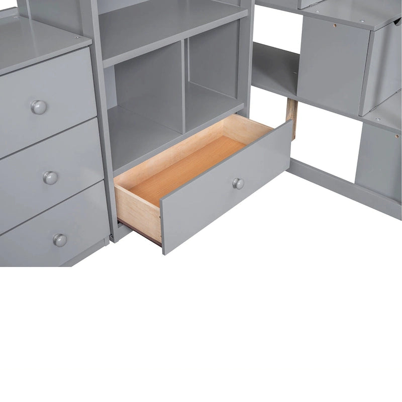 Letto a soppalco singolo con scrivania a L, cassetti, armadietto, scaletta con contenitori