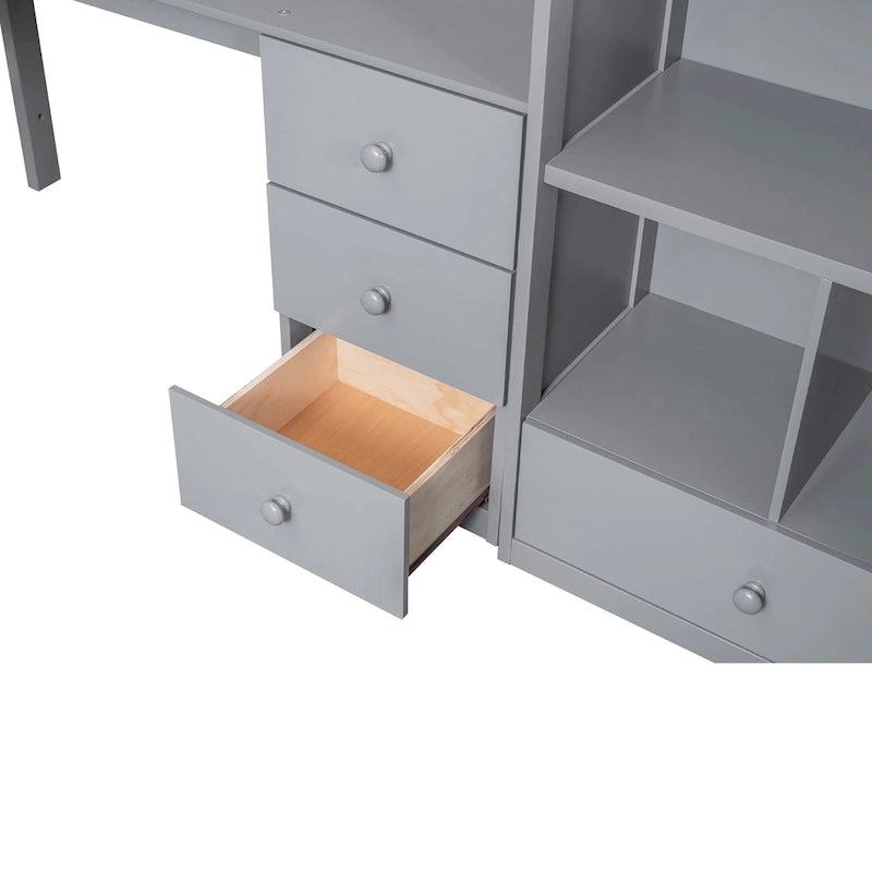 Letto a soppalco singolo con scrivania a L, cassetti, armadietto, scaletta con contenitori