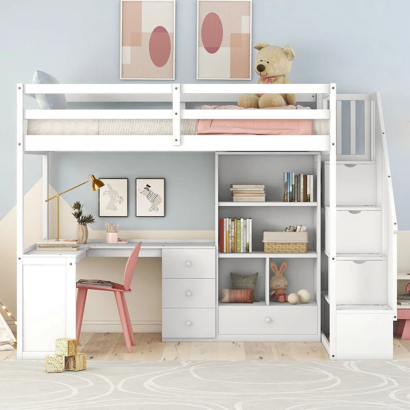 Letto a soppalco singolo con scrivania a L, cassetti, armadietto, scaletta con contenitori