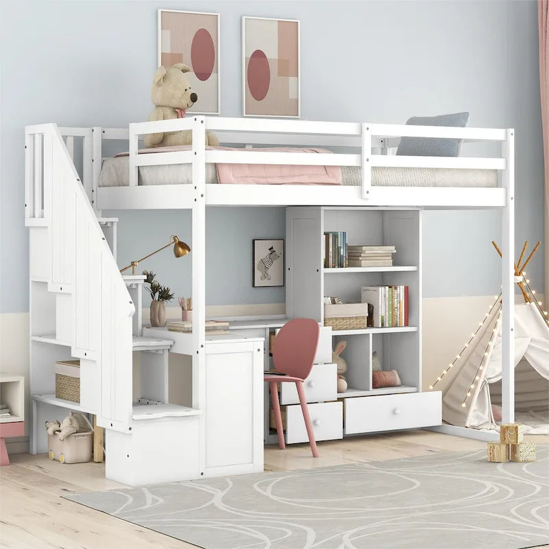 Letto a soppalco singolo con scrivania a L, cassetti, armadietto, scaletta con contenitori