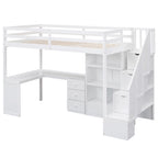Letto a soppalco singolo con scrivania a L, cassetti, armadietto, scaletta con contenitori