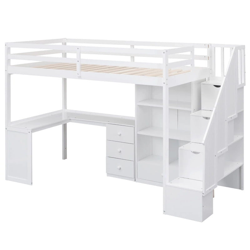 Letto a soppalco singolo con scrivania a L, cassetti, armadietto, scaletta con contenitori