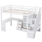 Letto a soppalco singolo con scrivania a L, cassetti, armadietto, scaletta con contenitori
