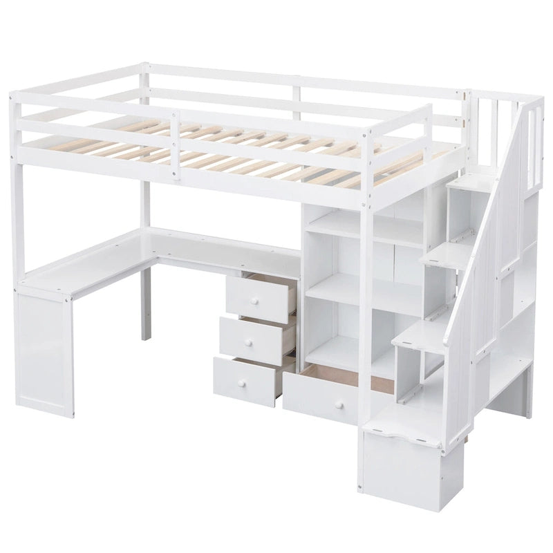 Letto a soppalco singolo con scrivania a L, cassetti, armadietto, scaletta con contenitori