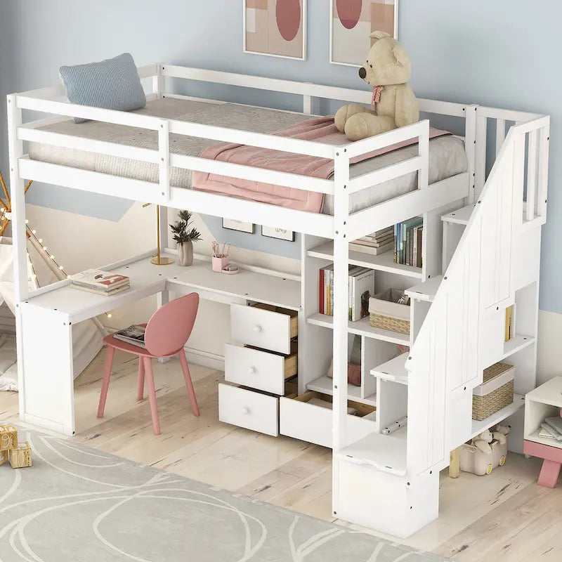 Letto a soppalco singolo con scrivania a L, cassetti, armadietto, scaletta con contenitori