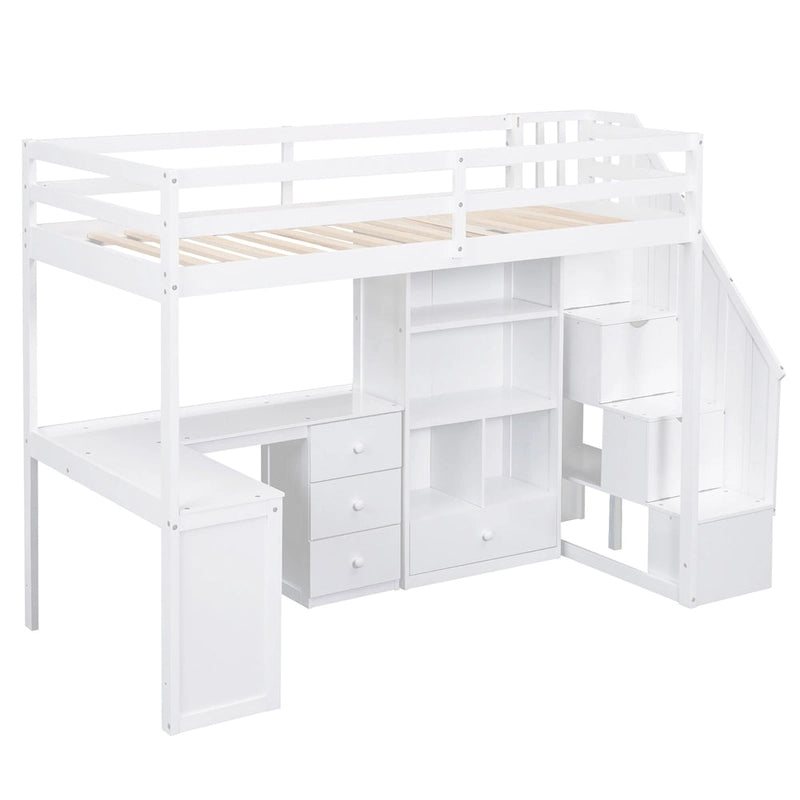 Letto a soppalco singolo con scrivania a L, cassetti, armadietto, scaletta con contenitori