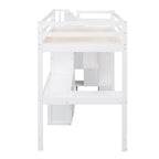 Letto a soppalco singolo con scrivania a L, cassetti, armadietto, scaletta con contenitori