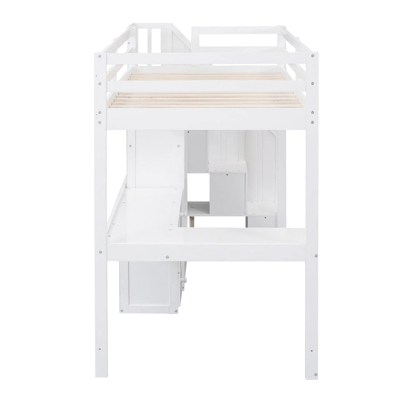 Letto a soppalco singolo con scrivania a L, cassetti, armadietto, scaletta con contenitori