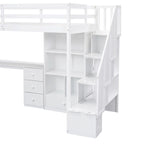 Letto a soppalco singolo con scrivania a L, cassetti, armadietto, scaletta con contenitori