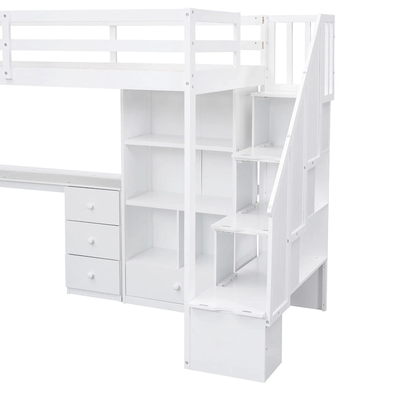 Letto a soppalco singolo con scrivania a L, cassetti, armadietto, scaletta con contenitori