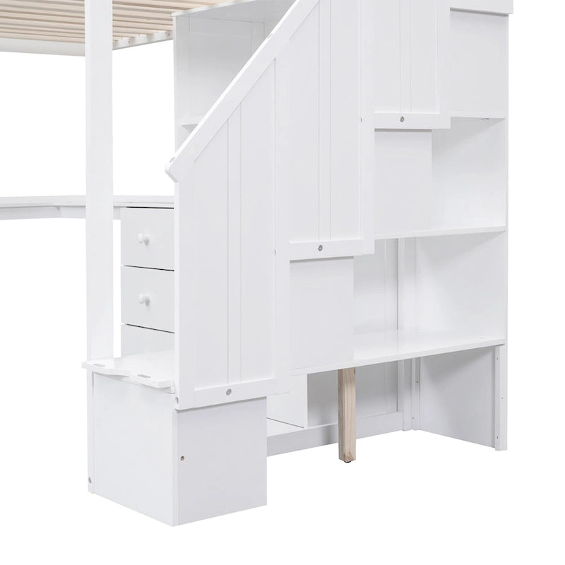 Letto a soppalco singolo con scrivania a L, cassetti, armadietto, scaletta con contenitori