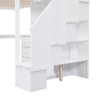 Letto a soppalco singolo con scrivania a L, cassetti, armadietto, scaletta con contenitori