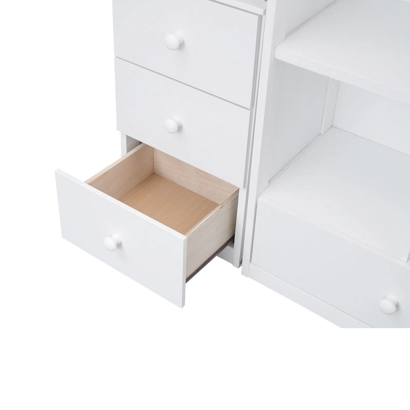 Letto a soppalco singolo con scrivania a L, cassetti, armadietto, scaletta con contenitori