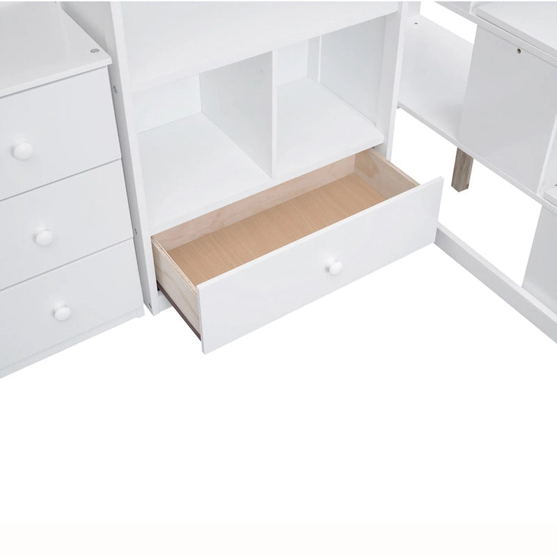 Letto a soppalco singolo con scrivania a L, cassetti, armadietto, scaletta con contenitori