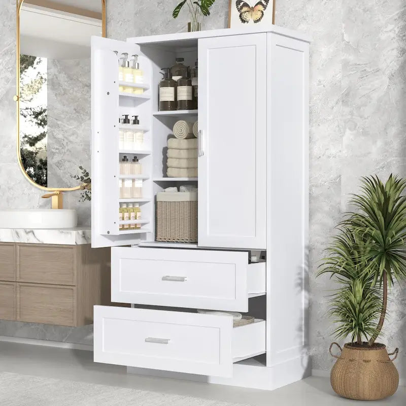 Mobile Alto da Bagno con Due Ante e Cassetti Ripiano Regolabile in MDF