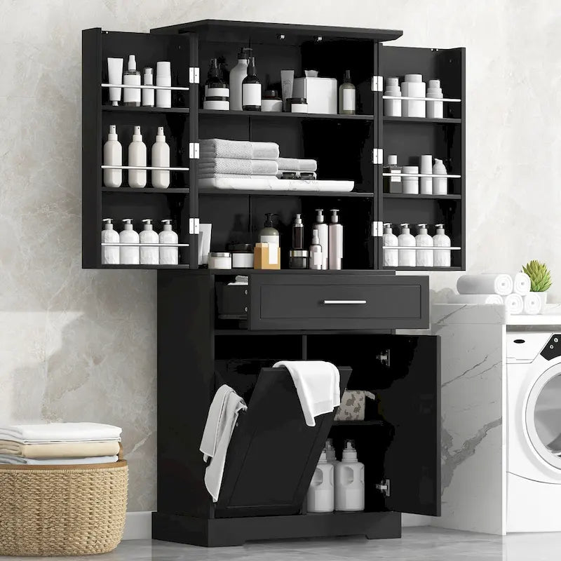 Mobiletto da bagno autoportante con ripiani regolabili e cesto portabiancheria