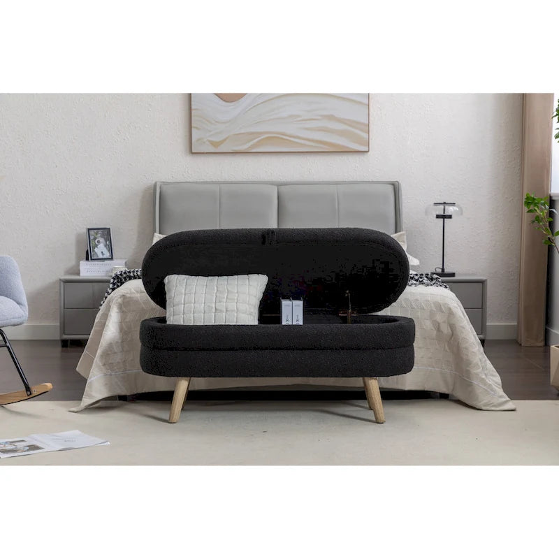 Panca contenitore pouf con gambe in legno, panca ovale da fondo letto interna con piedini regolabili per soggiorno