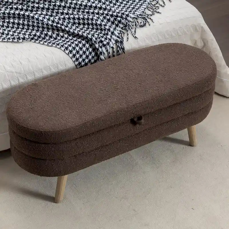 Panca contenitore pouf con gambe in legno, panca ovale da fondo letto interna con piedini regolabili per soggiorno