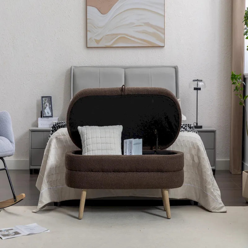 Panca contenitore pouf con gambe in legno, panca ovale da fondo letto interna con piedini regolabili per soggiorno