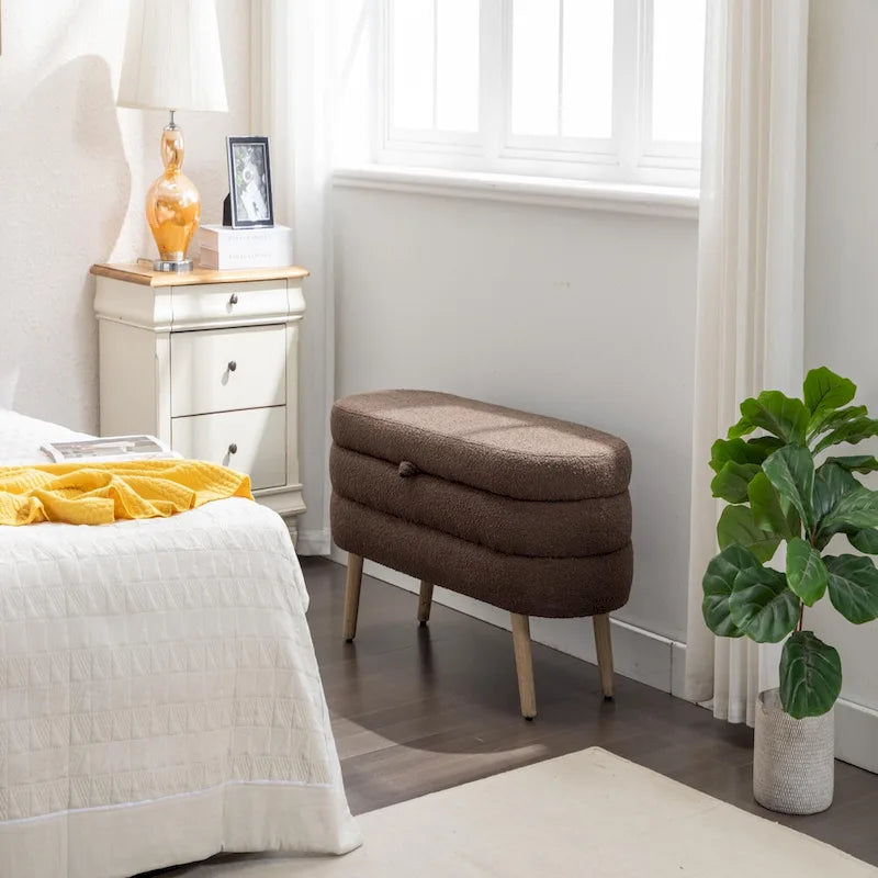 Panca contenitore pouf con gambe in legno, panca ovale da fondo letto interna con piedini regolabili per soggiorno