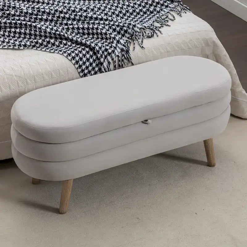Panca contenitore pouf con gambe in legno, panca ovale da fondo letto interna con piedini regolabili per soggiorno
