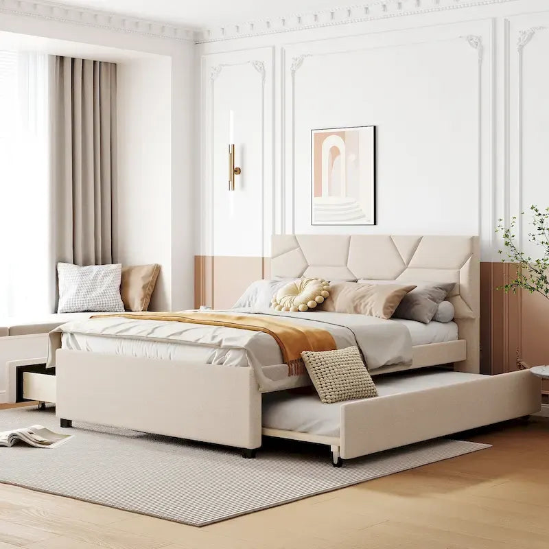 Letto a piattaforma matrimoniale in lino con testiera a motivo mattone, letto estraibile e cassetti contenitore, beige