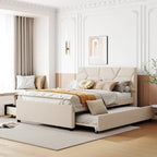 Letto a piattaforma matrimoniale in lino con testiera a motivo mattone, letto estraibile e cassetti contenitore, beige