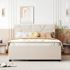 Letto a piattaforma matrimoniale in lino con testiera a motivo mattone, letto estraibile e cassetti contenitore, beige