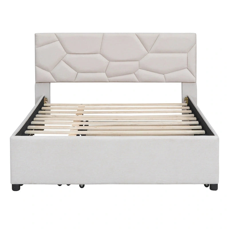 Letto a piattaforma matrimoniale in lino con testiera a motivo mattone, letto estraibile e cassetti contenitore, beige