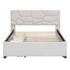 Letto a piattaforma matrimoniale in lino con testiera a motivo mattone, letto estraibile e cassetti contenitore, beige