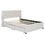 Letto a piattaforma matrimoniale in lino con testiera a motivo mattone, letto estraibile e cassetti contenitore, beige