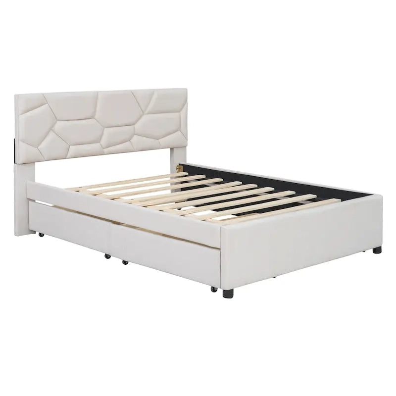 Letto a piattaforma matrimoniale in lino con testiera a motivo mattone, letto estraibile e cassetti contenitore, beige